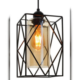Long Life Lamps Company Modern Rectangular Black Metal Cage Amber Cylinder Glass Ceiling Pendant Light H3121 - thumbnail 4