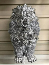 Biznest Xl Crystal Lion King Figurine Silver Gloss Ornament Ceramic Home Decor Freestanding Display Shelf Sitter Glitter Sculpture - thumbnail 2