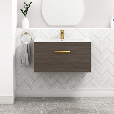 Royal Bathrooms Turin Grey Elm 800mm Wall Hung Vanity Unit 1 Drawer With Minimalist Basin Sink & Brushed Brass Handles - image 1