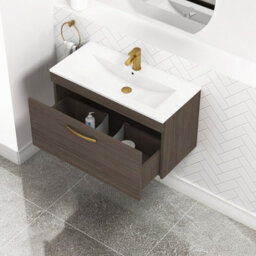 Royal Bathrooms Turin Grey Elm 800mm Wall Hung Vanity Unit 1 Drawer With Minimalist Basin Sink & Brushed Brass Handles - thumbnail 5
