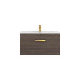 Royal Bathrooms Turin Grey Elm 800mm Wall Hung Vanity Unit 1 Drawer With Minimalist Basin Sink & Brushed Brass Handles - thumbnail 6