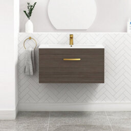 Royal Bathrooms Turin Grey Elm 800mm Wall Hung Vanity Unit 1 Drawer With Minimalist Basin Sink & Brushed Brass Handles - thumbnail 1