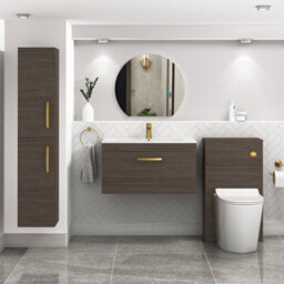 Royal Bathrooms Turin Grey Elm 800mm Wall Hung Vanity Unit 1 Drawer With Minimalist Basin Sink & Brushed Brass Handles - thumbnail 2