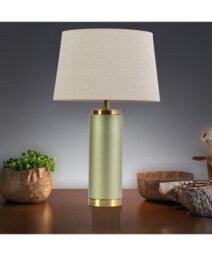 Lighting Supermarket Cylinder Frosted Sage Green / Gold Effect Table Lamp With Natural Shade - thumbnail 6