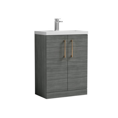 Balterley Level Compact Bathroom Cloakroom Vanity Basin Unit With Polymarble Basin, Brushed Bronze Handles, 600mm, Woodgrain Grey - image 1