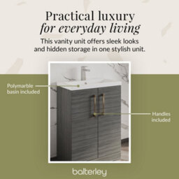 Balterley Level Compact Bathroom Cloakroom Vanity Basin Unit With Polymarble Basin, Brushed Bronze Handles, 600mm, Woodgrain Grey - thumbnail 7