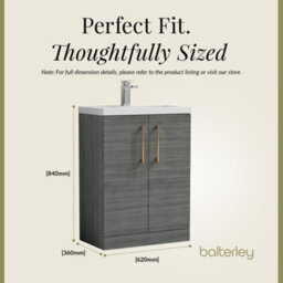 Balterley Level Compact Bathroom Cloakroom Vanity Basin Unit With Polymarble Basin, Brushed Bronze Handles, 600mm, Woodgrain Grey - thumbnail 5