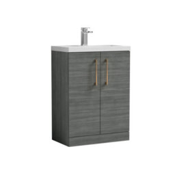 Balterley Level Compact Bathroom Cloakroom Vanity Basin Unit With Polymarble Basin, Brushed Bronze Handles, 600mm, Woodgrain Grey