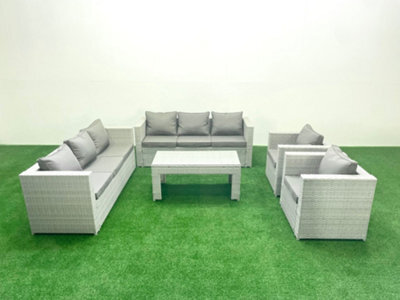 Fimous Outdoor Garden Furniture Rattan Sofa Set 2 Armchairs Oblong Coffee Table Light Grey - image 1