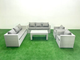 Fimous Outdoor Garden Furniture Rattan Sofa Set 2 Armchairs Oblong Coffee Table Light Grey - thumbnail 1