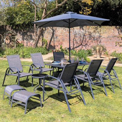 Primrose 6 Seater Garden Furniture Set With Parasol Reclining Chairs Glass Table In Grey - image 1