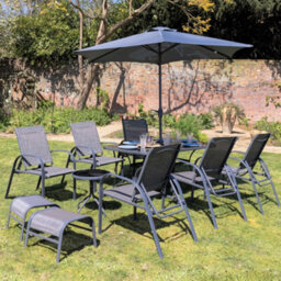 Primrose 6 Seater Garden Furniture Set With Parasol Reclining Chairs Glass Table In Grey - thumbnail 2