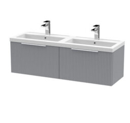 Hudson Reed Fluted Wall Hung 2-Drawer Vanity And Double Polymarble Basin, Stylish Sink Vanity Unit, Satin Grey, 1200mm - thumbnail 1