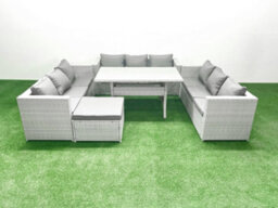 Fimous Rattan Garden Outdoor Furniture Set 10 Seater Garden Sofa Rectangulr Dining Table Set Big Stool Light Grey - thumbnail 1