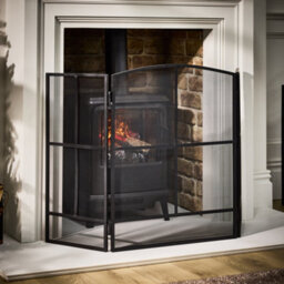 Dibor Vintage Style Large Black Window Pane Fire Guard H75Cm X W122Cm With Log Storage Fireplace Companion Set - thumbnail 3