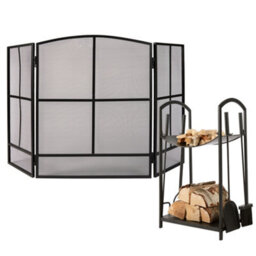 Dibor Vintage Style Large Black Window Pane Fire Guard H75Cm X W122Cm With Log Storage Fireplace Companion Set