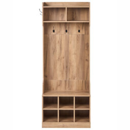 Wyld And Coco Light Brown Chipboard Shoe Storage With Coat Rack, Six Compartments And Four Hooks - Wall-Mounted Hallway Unit - thumbnail 1