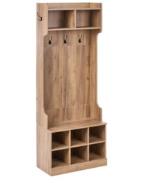 Wyld And Coco Light Brown Chipboard Shoe Storage With Coat Rack, Six Compartments And Four Hooks - Wall-Mounted Hallway Unit - thumbnail 3