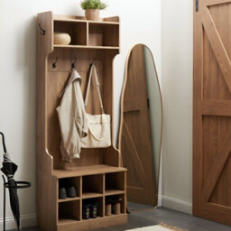 Wyld And Coco Light Brown Chipboard Shoe Storage With Coat Rack, Six Compartments And Four Hooks - Wall-Mounted Hallway Unit - thumbnail 2