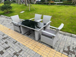 Fimous Light Grey Rattan Outdoor Garden Furniture Set Black Tempered Glass Dining Table And 4 Chairs Set With Seat Cushion