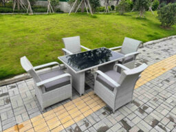 Fimous Light Grey Rattan Outdoor Garden Furniture Set Black Tempered Glass Dining Table And 4 Chairs Set With Seat Cushion - thumbnail 2