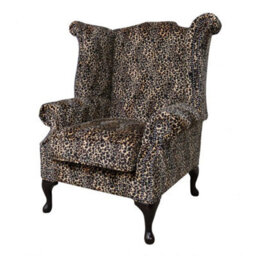 Chesterfield High Back Wing Chair Sand Leopard Animal Print Real Fabric In Queen Anne Style - thumbnail 3