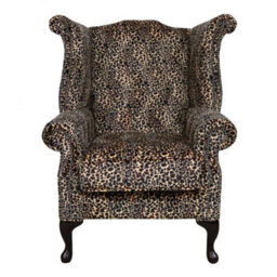 Chesterfield High Back Wing Chair Sand Leopard Animal Print Real Fabric In Queen Anne Style - thumbnail 2