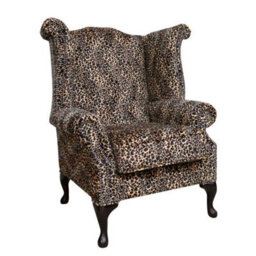 Chesterfield High Back Wing Chair Sand Leopard Animal Print Real Fabric In Queen Anne Style - thumbnail 1