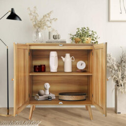 London Boutique Rattan Sideboard Buffet Cabinet, Double Door Storage Cabinet, Adjustable Shelves, Kitchen Dining Room - thumbnail 3