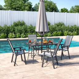 Living And Home Set Of 5 Garden Ripple Glass Rectangle Umbrella Table And Folding Chairs Set 120 Cm - thumbnail 3