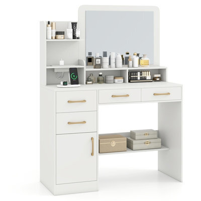 Costway Vanity Desk With Mirror Dressing Table With Charging Station-White