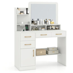 Costway Vanity Desk With Mirror Dressing Table With Charging Station-White
