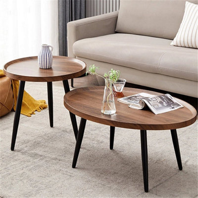 Solid Wood Nesting Coffee Table Set Of 2 Oval Round Sofa Tea Tables Living Room - image 1