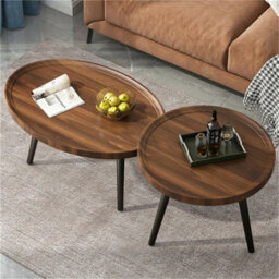 Solid Wood Nesting Coffee Table Set Of 2 Oval Round Sofa Tea Tables Living Room - thumbnail 4