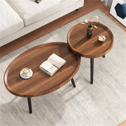Solid Wood Nesting Coffee Table Set Of 2 Oval Round Sofa Tea Tables Living Room - thumbnail 3