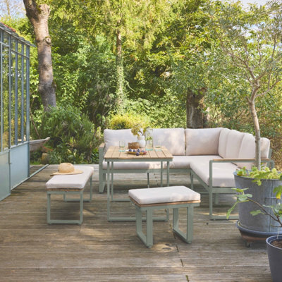 Sweeek - 8-Seater Garden Lounge In Acacia Wood And Aluminium Khaki Green 197X72.5X72.5 Cm - Pampas - image 1