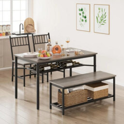 Retro Gray 4 Pieces Dining Table Set For 4 Kitchen Table And Chairs With Wine Rack Bench - thumbnail 6