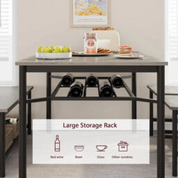 Retro Gray 4 Pieces Dining Table Set For 4 Kitchen Table And Chairs With Wine Rack Bench - thumbnail 4