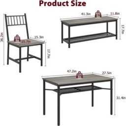 Retro Gray 4 Pieces Dining Table Set For 4 Kitchen Table And Chairs With Wine Rack Bench - thumbnail 2
