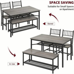 Retro Gray 4 Pieces Dining Table Set For 4 Kitchen Table And Chairs With Wine Rack Bench - thumbnail 3