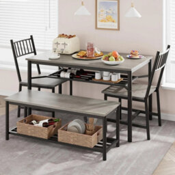 Retro Gray 4 Pieces Dining Table Set For 4 Kitchen Table And Chairs With Wine Rack Bench - thumbnail 1