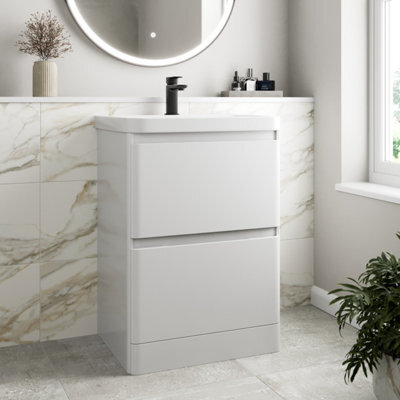 Aveli 600mm Vanity Unit & Basin Set Cloakroom Base Cabinet Two Drawers Bathroom Storage Gloss White - image 1