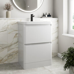 Aveli 600mm Vanity Unit & Basin Set Cloakroom Base Cabinet Two Drawers Bathroom Storage Gloss White - thumbnail 1