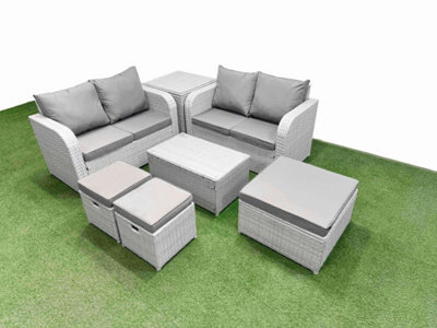 Fimous 7 Seater Outdoor Love Sofa Set Rattan Garden Furniture Set Rectangular Coffee Table 3 Footstool Side Table Light Grey - image 1
