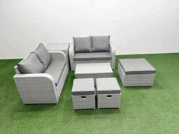 Fimous 7 Seater Outdoor Love Sofa Set Rattan Garden Furniture Set Rectangular Coffee Table 3 Footstool Side Table Light Grey - thumbnail 2