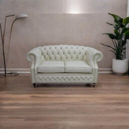 Chesterfield 2 Seater Cottonseed Cream Leather Sofa Bespoke In Buckingham Style - thumbnail 2