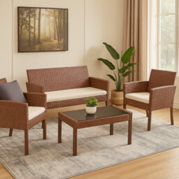 Home Republic 4Pc Brown Rattan Patio Set With Sofa Chairs And Table Outdoor Garden Furniture With Cushions