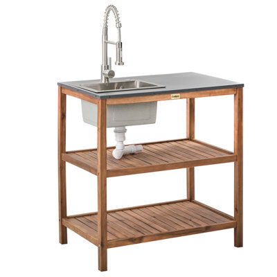 Beliani Outdoor Kitchen Island With Sink Brucoli Acacia Wood Brown/ Silver - image 1