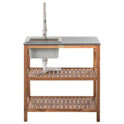 Beliani Outdoor Kitchen Island With Sink Brucoli Acacia Wood Brown/ Silver - thumbnail 4