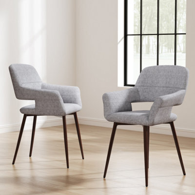 Darphe Set Of 2 Modern Light Grey Linen Upholstered Dining Armchairs With Metal Legs - image 1